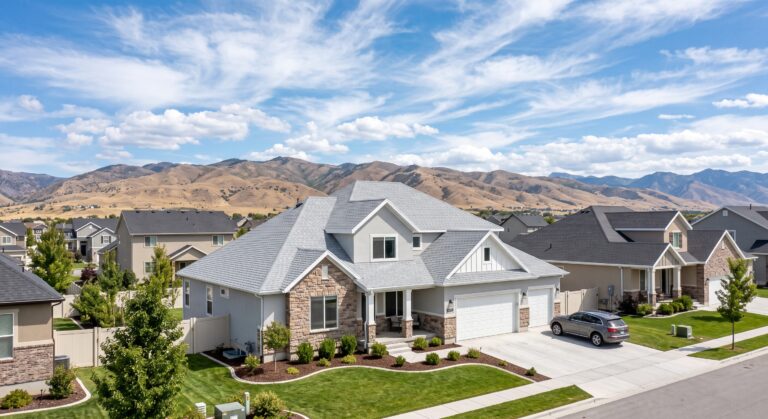 Newer Lehi, Utah home with a light-gray asphalt shingle roof and the Wasatch foothills in the background