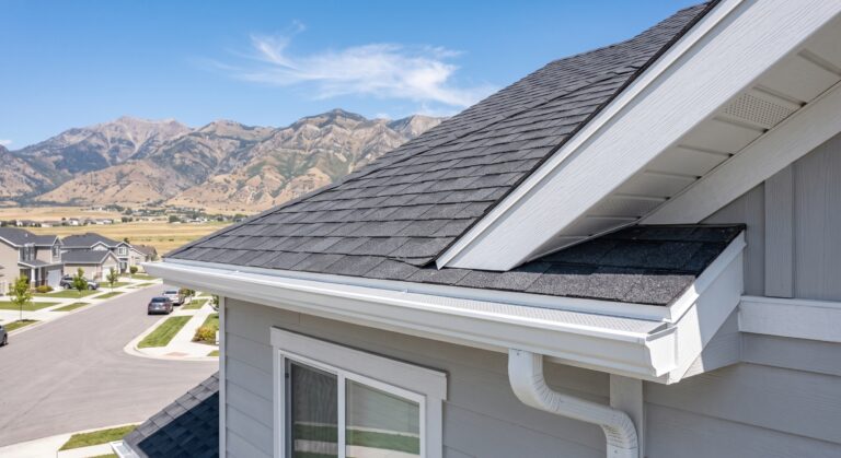 Asphalt shingle roof edge, gutter, and downspout on a Spanish Fork, Utah home with the mountains behind