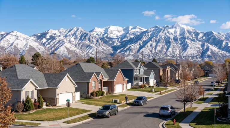 Suburban Utah County neighborhood of homes with asphalt shingle roofs below the snow-capped Wasatch Front